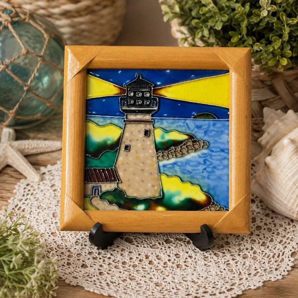 Framed Lighthouse Ceramic Tile Art Coastal Nautical Decor Tabletop Wall Mount